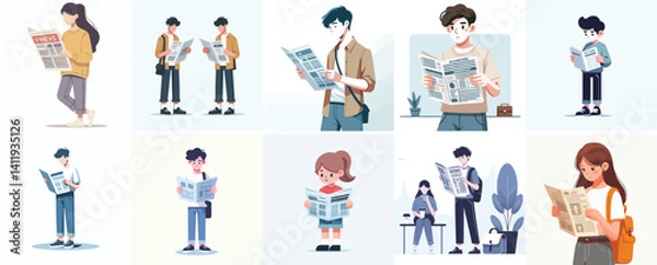 Fototapeta Vector flat design white background. Cartoon Characters Reading Newspapers
