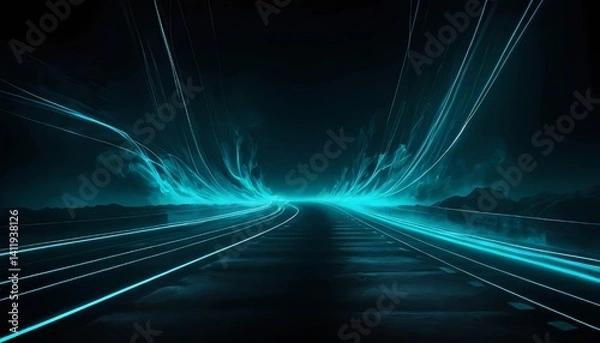 Fototapeta Futuristic Solar Highway with Glowing Blue Energy Trails in Dark Sci-Fi Landscape.
Ideal for topics involving cyberpunk cities, green technology, and energy transmission concepts.