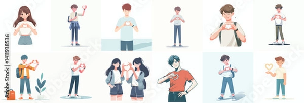 Fototapeta Vector flat design white background. Cartoon Characters Making Heart Shapes with Hands
