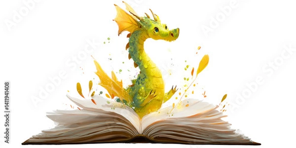 Obraz green & yellow friendly dragon starting flying out of open book; cute fantasy element isolated over transparent (white) background