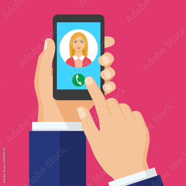 Fototapeta Incoming call on smartphone screen. Vector concept call to woman.