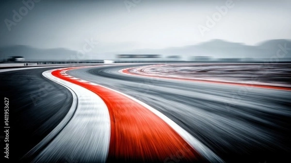 Fototapeta A dynamic shot captures a race track curve, highlighted by vibrant red and white markings. The blurred motion suggests speed and competition.