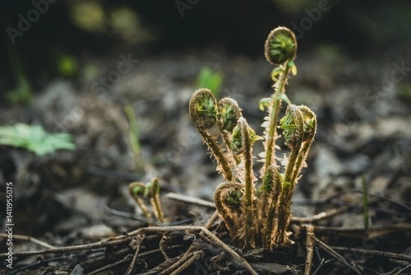 Fototapeta New fresh young fern plant sprouts grow from the soil in the forest. Blurred background