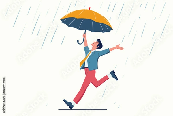 Fototapeta retirement life plan security concept, carefree freedom happy man dancing in rain under umbrella , saving investment goal , financial insurance  , cartoon vector  