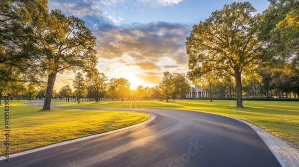 Obraz Golden sunset illuminates a winding road through a park.