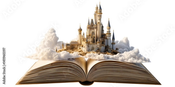 Obraz dreamy magical castle and kingdom popping out of the clouds over open book; fantasy element isolated over transparent (white) background