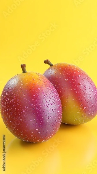 Fototapeta Vibrant 3D Rendered Mangoes on Soft Yellow Background: Fresh Fruit Illustration for Creative Marketing. High-Definition AI-Generated Design Element for Posters, Banners, and Digital Graphics.