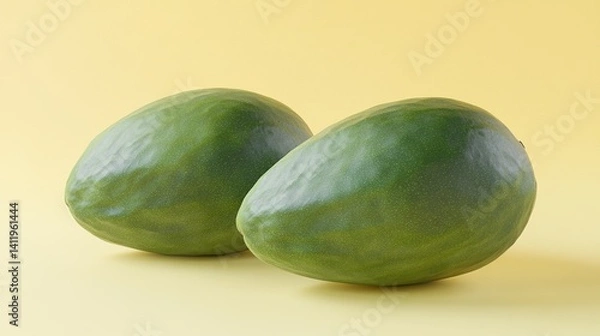 Fototapeta Vibrant 3D Rendered Mangoes on Soft Yellow Background: Fresh Fruit Illustration for Creative Marketing. High-Definition AI-Generated Design Element for Posters, Banners, and Digital Graphics.