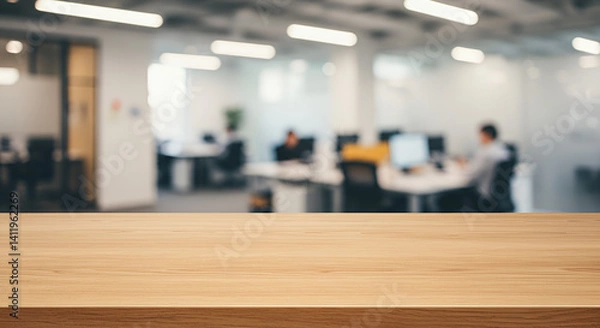 Obraz Empty Wood table with blurred office room background, brown, blank, decoration, counter, product, nobody, top,Generated Ai