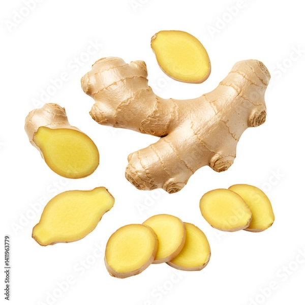 Fototapeta Sliced and whole ginger root on white