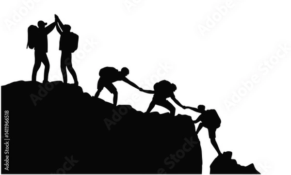 Obraz Silhouette of Climbers Mutual Assistance, Group Team People Helping Work, Climb Mountain, Teamwork friendship hiking help each other trust assistance silhouette