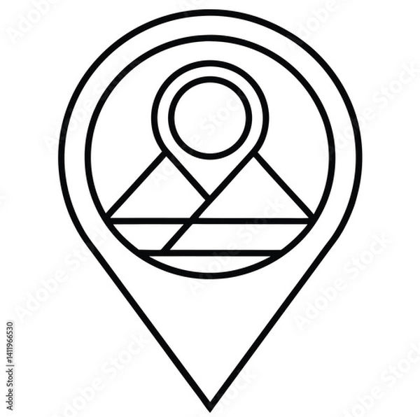Obraz An outlined graphic symbol resembling a location pin, featuring a circular top with an inner circle and two triangular shapes representing mountains or pyramids beneath. 