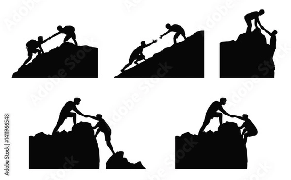 Obraz Climb Mountain, Teamwork friendship hiking help each other trust assistance silhouette, People helping each other hike up a mountain, Giving a helping hand