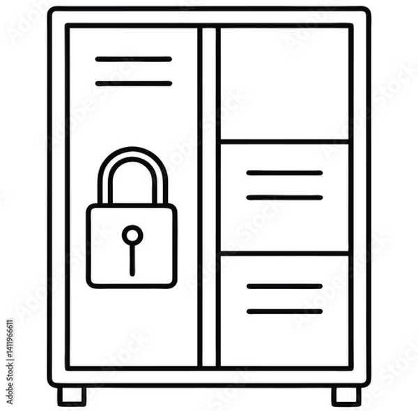 Fototapeta A simple, outlined illustration of a refrigerator featuring a prominent padlock on the front, symbolizing security. The fridge has a two-door design, with vertical lines representing shelves inside