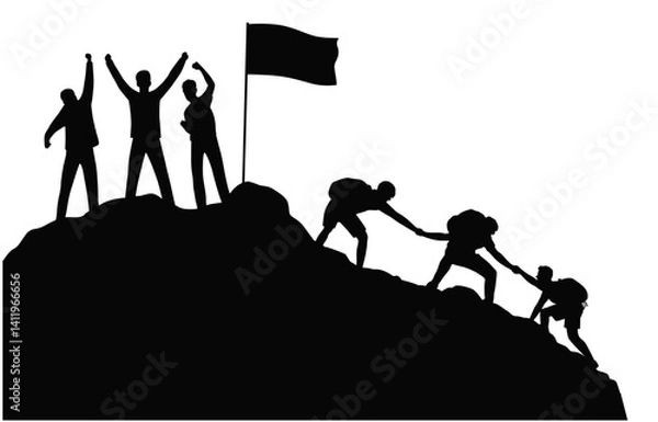 Obraz Climb Mountain, People helping and team work concept, Business team success concept, silhouette of business man on peak mountain climbing helping