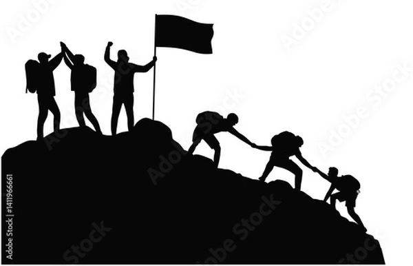 Obraz Business team success concept, silhouette of business man on peak mountain climbing helping, Helping each other to the top of mountain