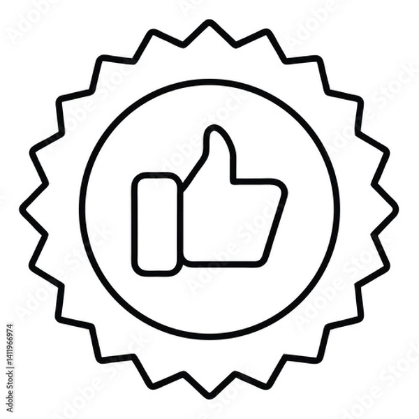 Fototapeta A circular emblem featuring a gear design, with a raised thumb icon at its center, symbolizing approval or a positive outcome. The gear is outlined in black, and the thumb is stylized and simplified