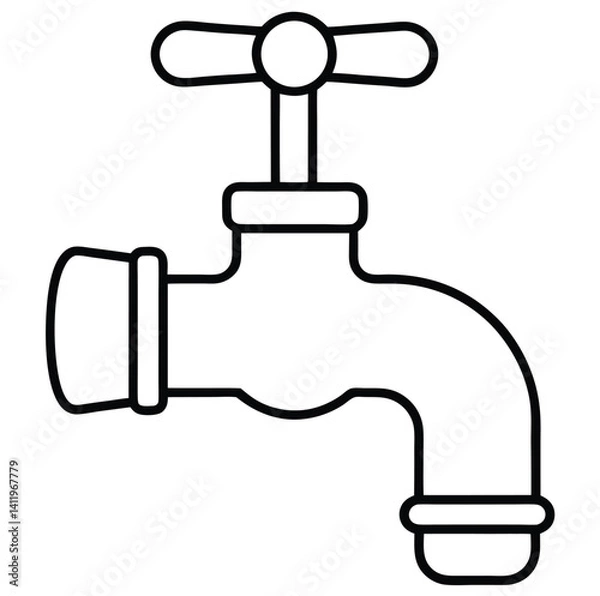 Obraz A simple line drawing of a water faucet with a handle on top. The faucet features a spout curving downward, with a cylindrical base and connectors on each side. The design is minimalist