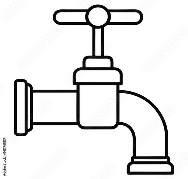 Obraz A simple line drawing of a faucet. The faucet has a round handle on top and a spout curving downward, with a cylindrical base attached to a larger pipe. The design is minimalist, featuring no color