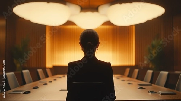 Obraz A cinematic view of a female executive standing confidently at the head of a boardroom table.