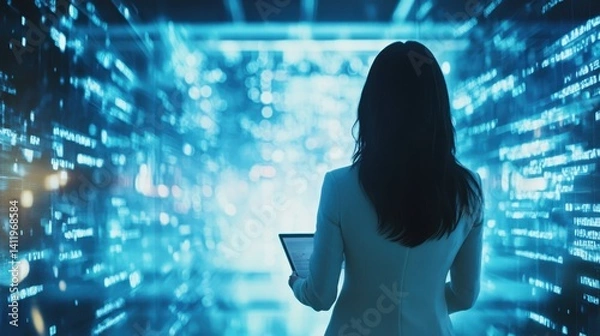 Obraz A cinematic view of a professional woman delivering a dynamic presentation in a high-tech conference room.