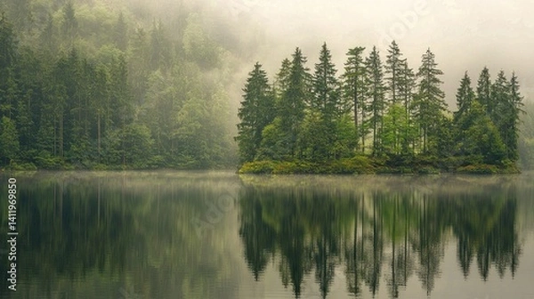 Fototapeta Misty Mountain Lake with Island Reflection