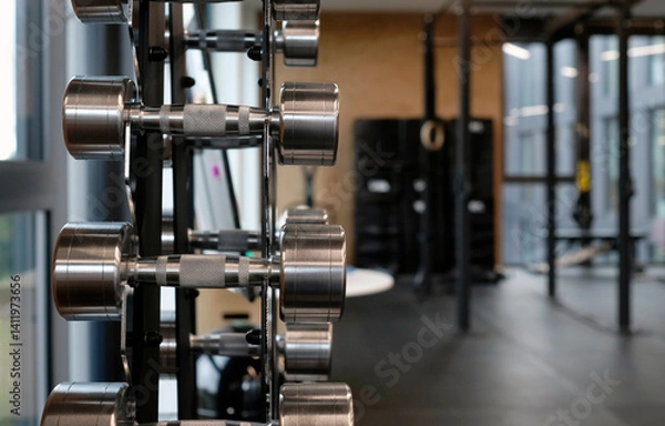 Obraz Selective focus on a row of weights in a gym
