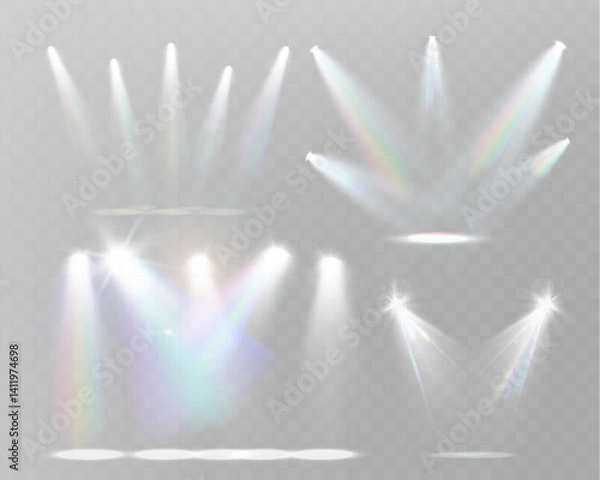 Fototapeta Realistic white and colorful spotlights with beams, reflections, and stage lighting effects on transparent background	