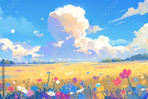 Fototapeta vibrant landscape featuring vast field of colorful flowers under bright blue sky with fluffy clouds. This meditative scene invites tranquility and reflection, showcasing nature beauty