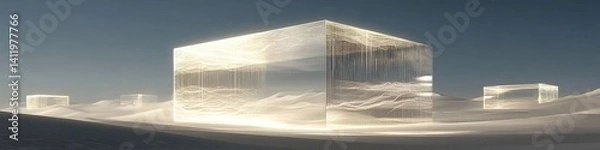 Fototapeta Floating Glass Cubes in White Desert: Minimalist Luxury Car Showroom Concept. Luminous Geometric Shapes and Refracted Light Patterns Create Surreal Exhibition Space. Abstract Marketing Background for 