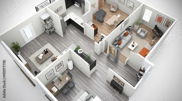 Fototapeta Detailed 3D Floor Plan Visualization with Contemporary Interior Design Elements and Neutral Color Palette