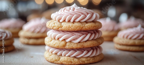Fototapeta Stack of glazed cookies with pink cream filling on pastel background