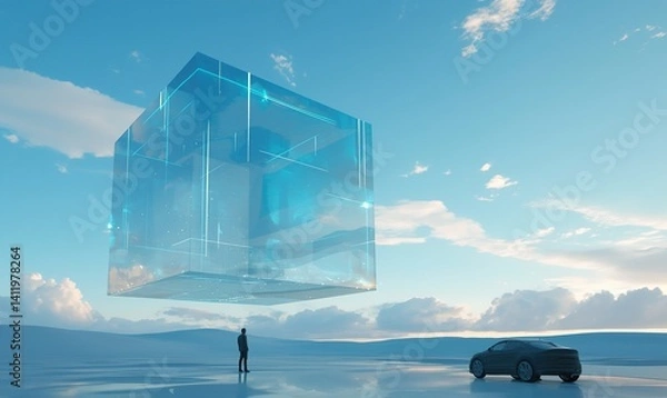 Fototapeta Floating Glass Cubes in White Desert: Minimalist Luxury Car Showroom Concept. Luminous Geometric Shapes and Refracted Light Patterns Create Surreal Exhibition Space. Abstract Marketing Background for 