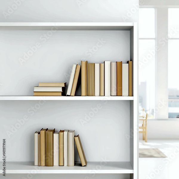 Fototapeta White bookshelf with few books in a tidy room, soft daylight and clean minimal style