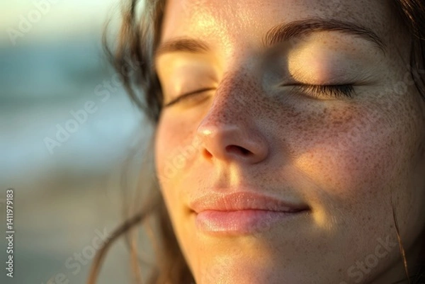 Obraz Close-up portrait of a woman's face with sunspots.
