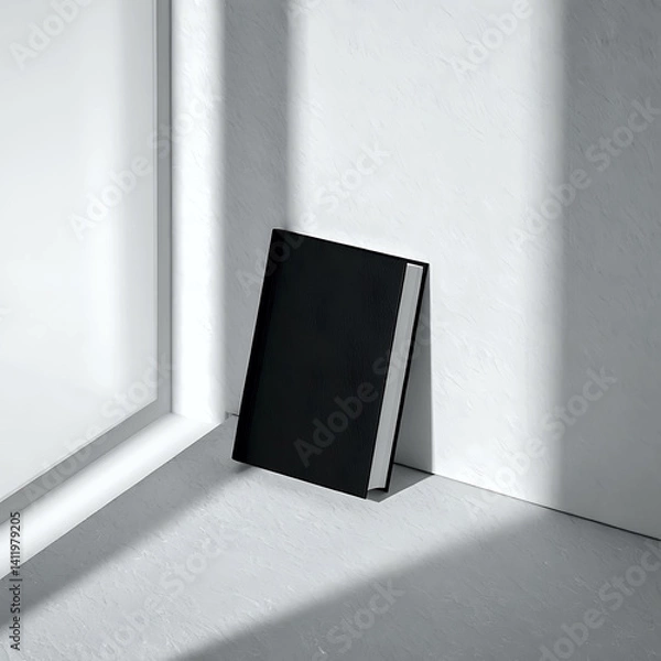 Fototapeta Closed book casting sharp abstract shadows on monochrome wall, window side light and minimalist textures.