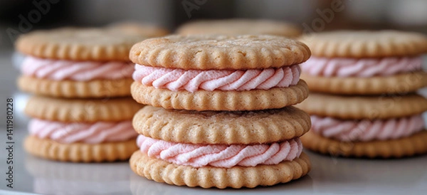 Fototapeta Stack of glazed cookies with pink cream filling on pastel background