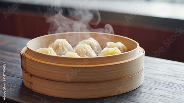 Fototapeta A bowl of steamed dumplings with steam rising from it. The steam gives the impression of warmth and comfort, and the dumplings themselves look delicious and inviting