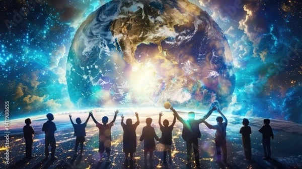 Obraz Diverse group of children holding globes against earth mural. Multicultural happy elementary student standing while looking at globe. Educational setting with kids and world map. Background. AIG53.