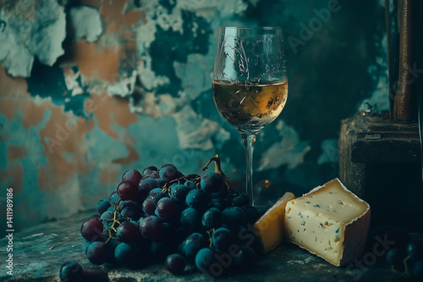 Obraz photo with a glass of wine filled with grapes and cheese lying nearby, vintage style