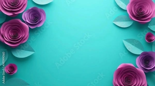 Obraz Floral composition of paper roses and leaves in pastel purple and blue, 3D rendering illustration with a background banner for Valentine's Day, Mother's Day, or International Women's Day greeting card