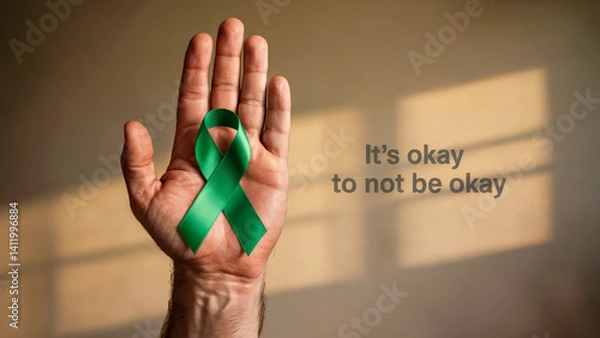 Fototapeta Hand holding a green ribbon symbolizing Men's Mental Health Month, with the message "Men's Mental Health Month" in bold text. The image conveys support and awareness for mental health. Concept of ment
