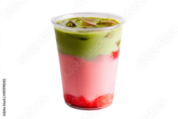Fototapeta Refreshing matcha strawberry latte drink in plastic cup isolated on white background, colorful layered beverage concept