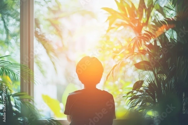 Obraz Sunlight streams in through a window as a child looks outside.