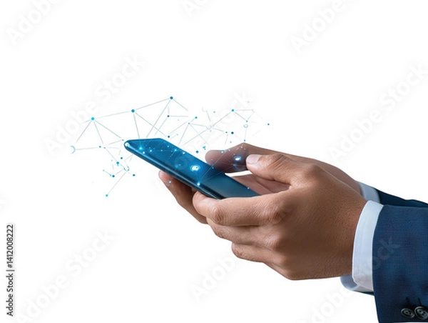 Fototapeta Professional in a suit using cell phone for business communication and online tasks