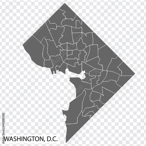 Fototapeta High Quality map Washington, D.C. is a capital of United States, with borders of the districts. Map Washington, District of Columbia for your web site design, app, UI. EPS10.
