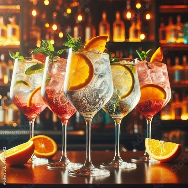 Fototapeta Five colorful gin tonic cocktails stand on bar counter. Alcoholic drinks in wine glasses. Refreshing beverage, orange slices, ice cubes, mint leaves.