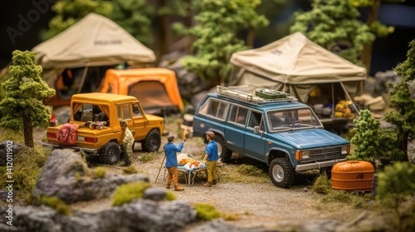 Obraz Miniature camping scene with tiny vehicles and figures.