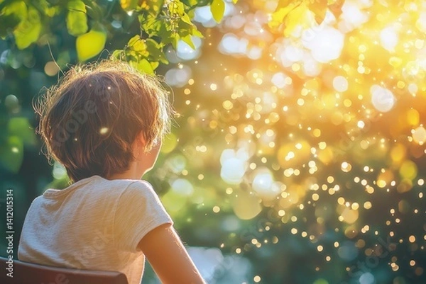 Obraz Sunlight streams down on a child gazing upwards in a tranquil garden setting.