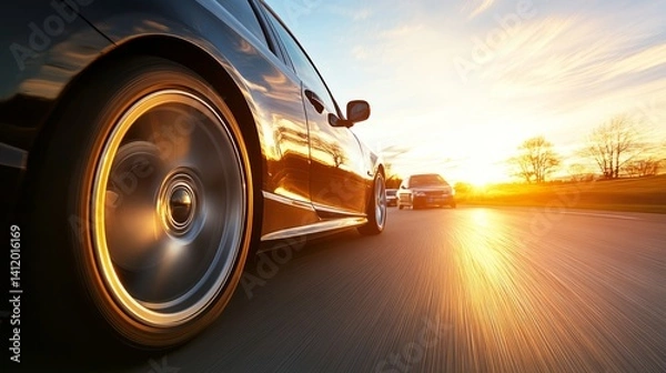 Fototapeta Golden sunset over a highway with blurred traffic, evoking movement and serenity in the fading light.
